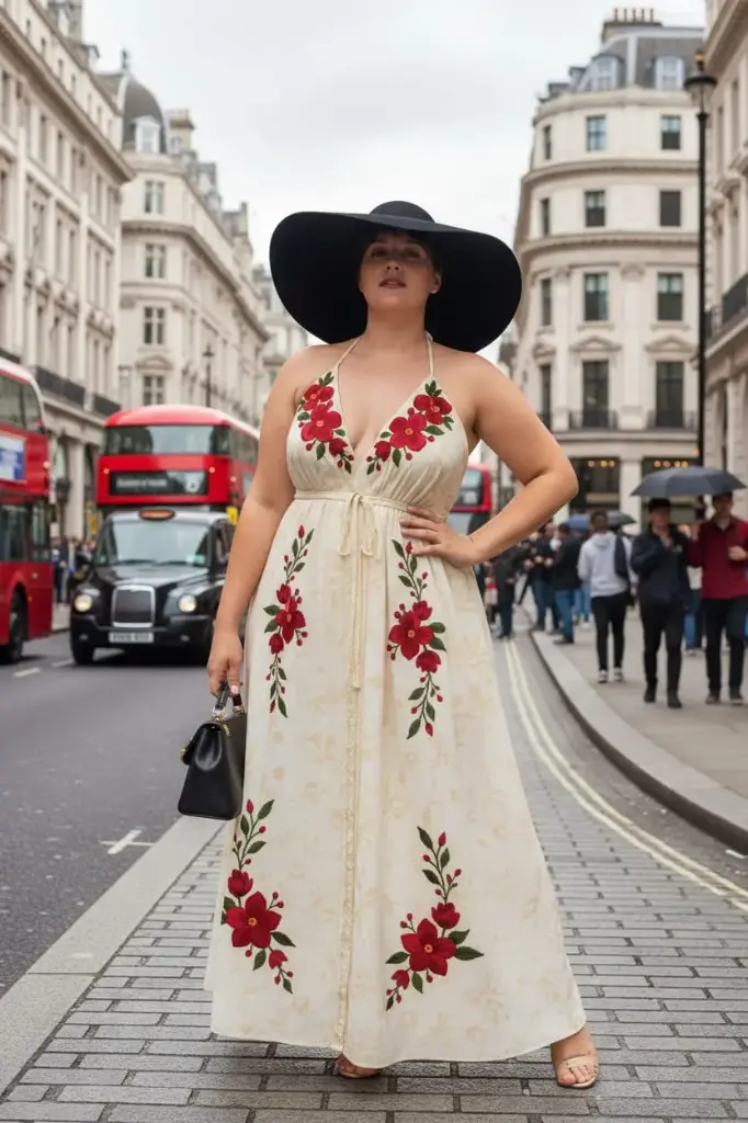 cream-colored halter maxi dress